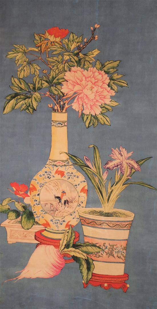 Two Chinese hard painted scrolls: cranes and potted flowers